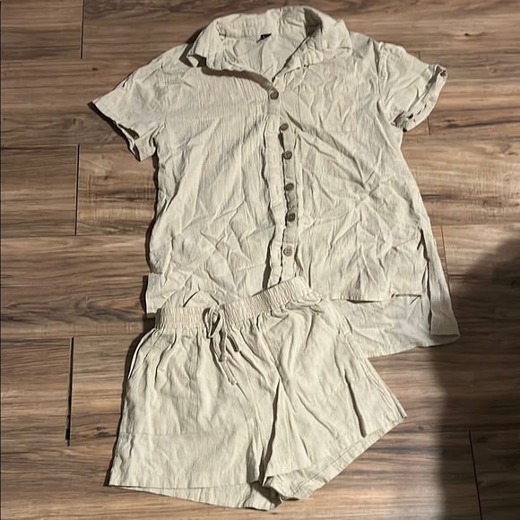 Beige Button-Up Shirt and Shorts Set - Picture 1 of 5